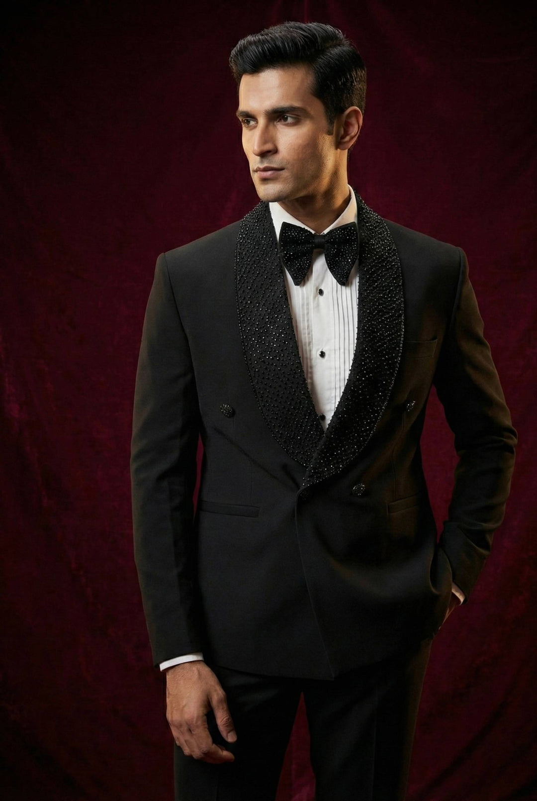 Abees Black sequin double-breasted tuxedo suit - back view