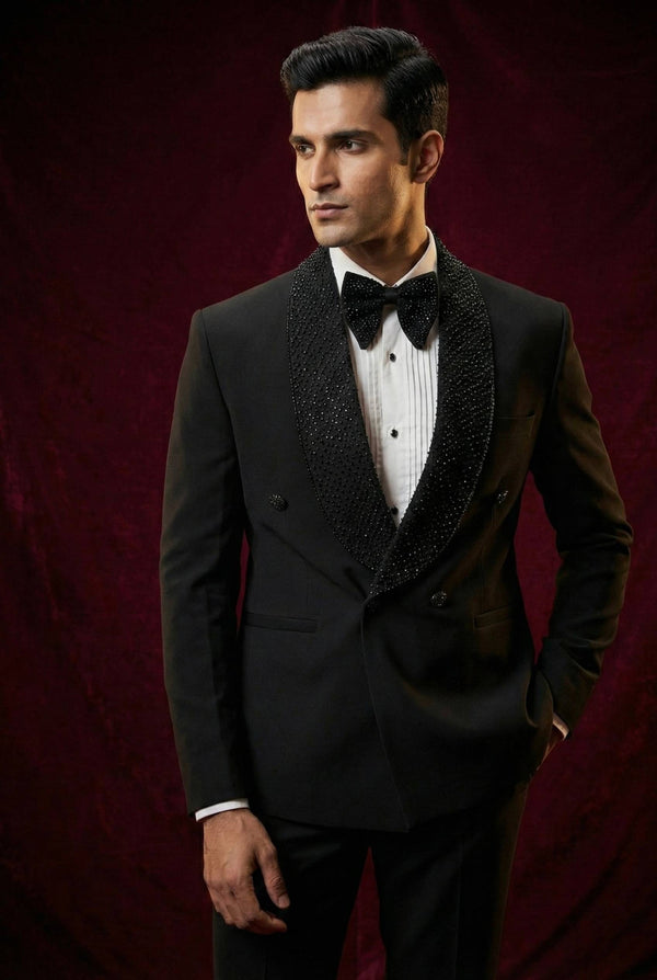 Abees Black sequin double-breasted tuxedo suit - back view