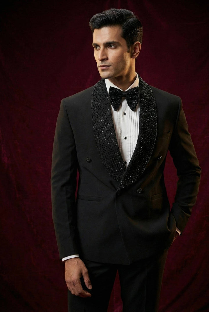 Abees Black sequin double-breasted tuxedo suit - back view