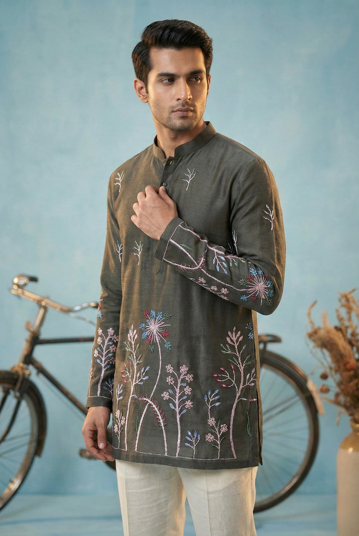 Charcoal Grey Floral Embroidered Kurta Set for Men