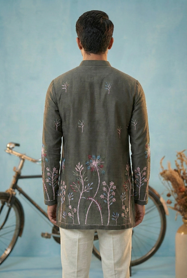 Charcoal Grey Floral Embroidered Kurta Set for Men