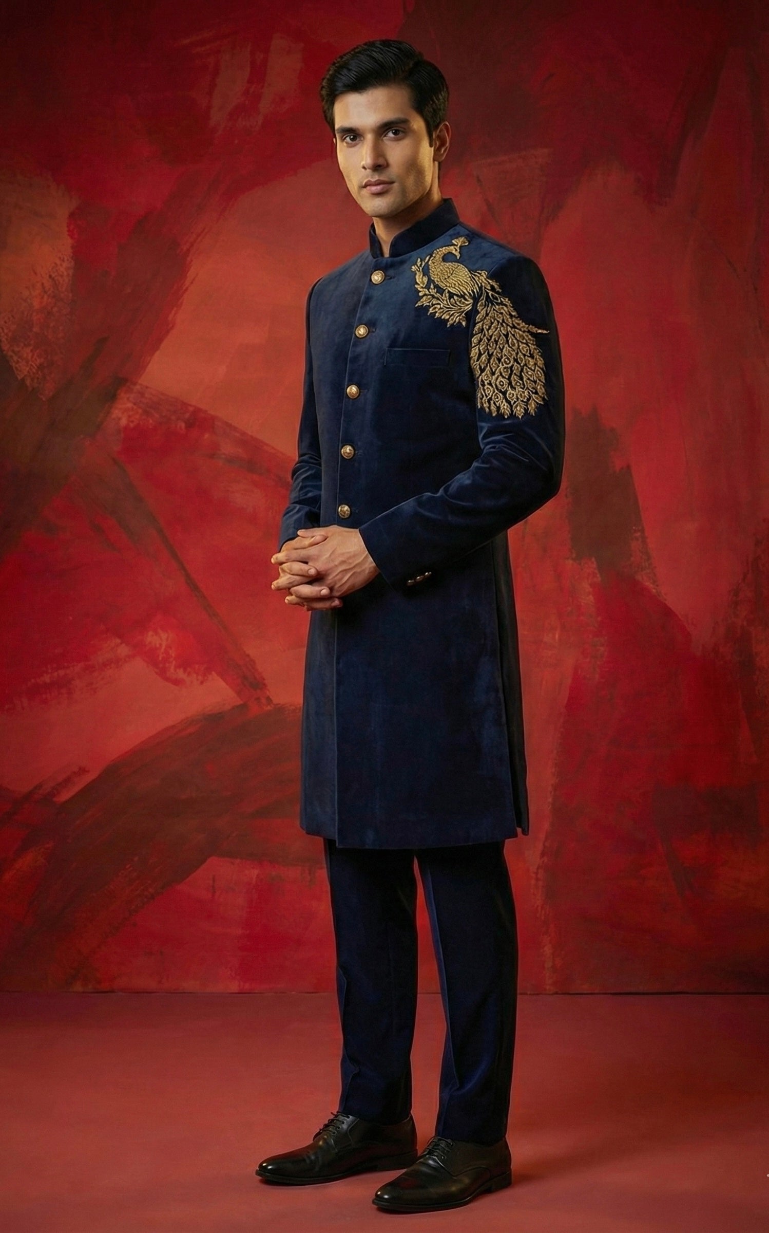 Royal Plume Embroidered Velvet Sherwani Set