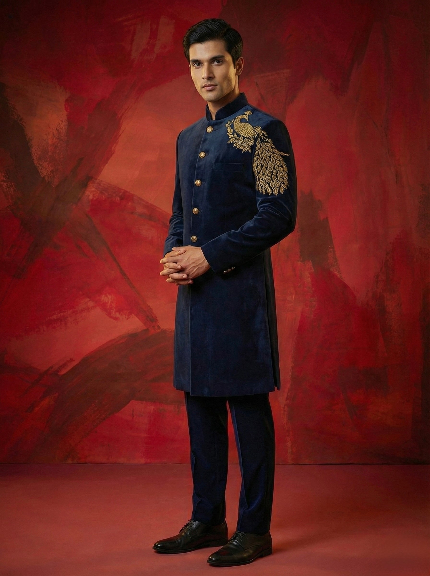 Royal Plume Embroidered Velvet Sherwani Set