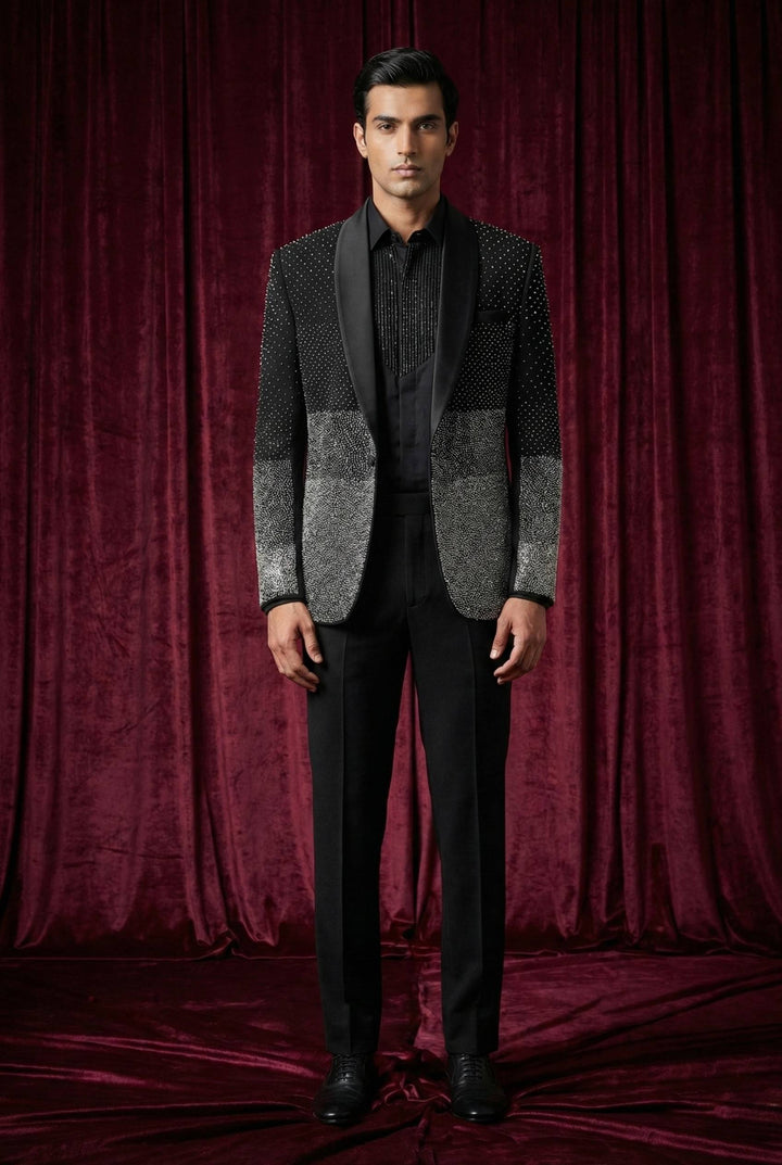 Abees Black sequin embellished gradient tuxedo set - front view