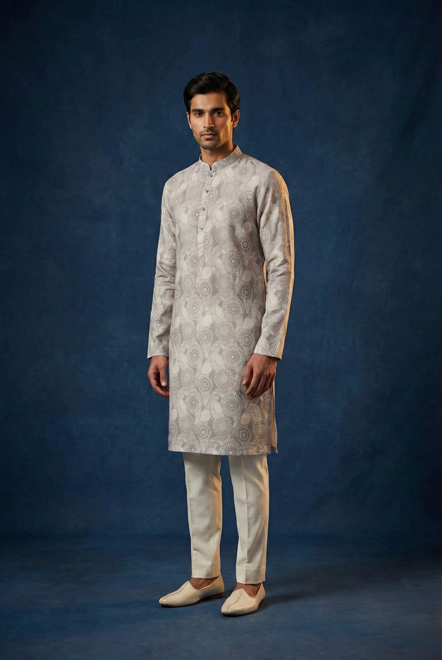 Ivory Geometric Printed 100% Linen Kurta for Men