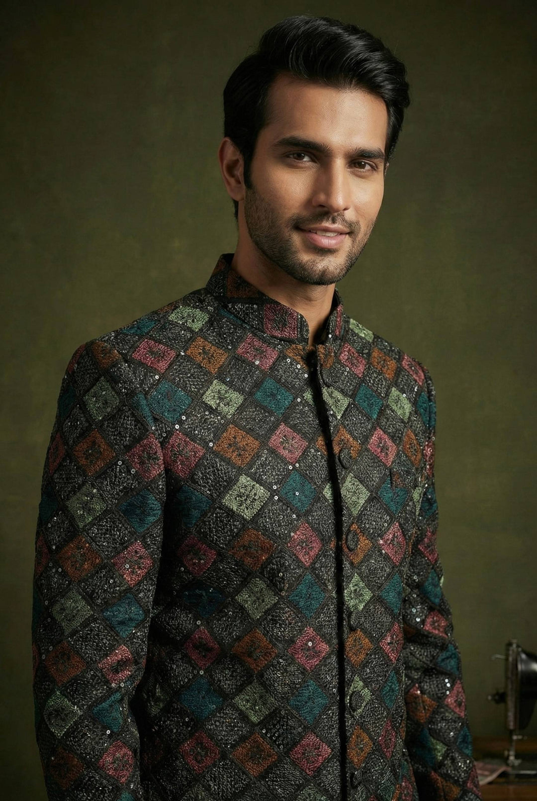 Midnight Multicolour Geometric Embroidered Sherwani Set for Men