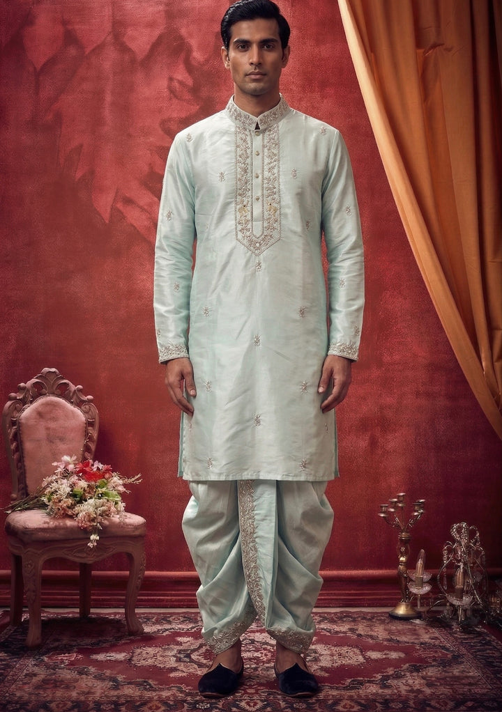 Abees Green hand embroidered kurta set with dhoti - front view