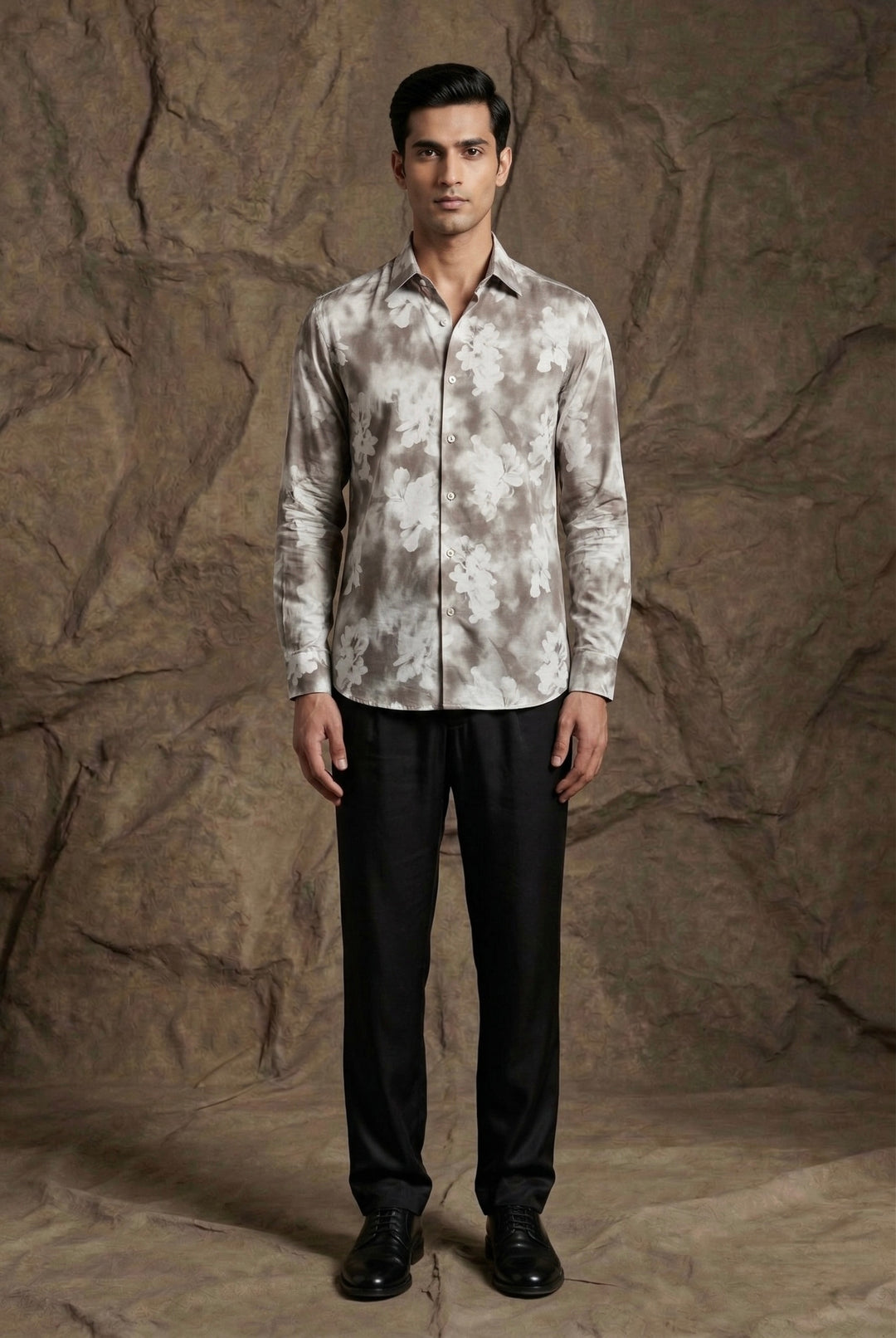 Taupe Floral Print Luxury Satin Shirt