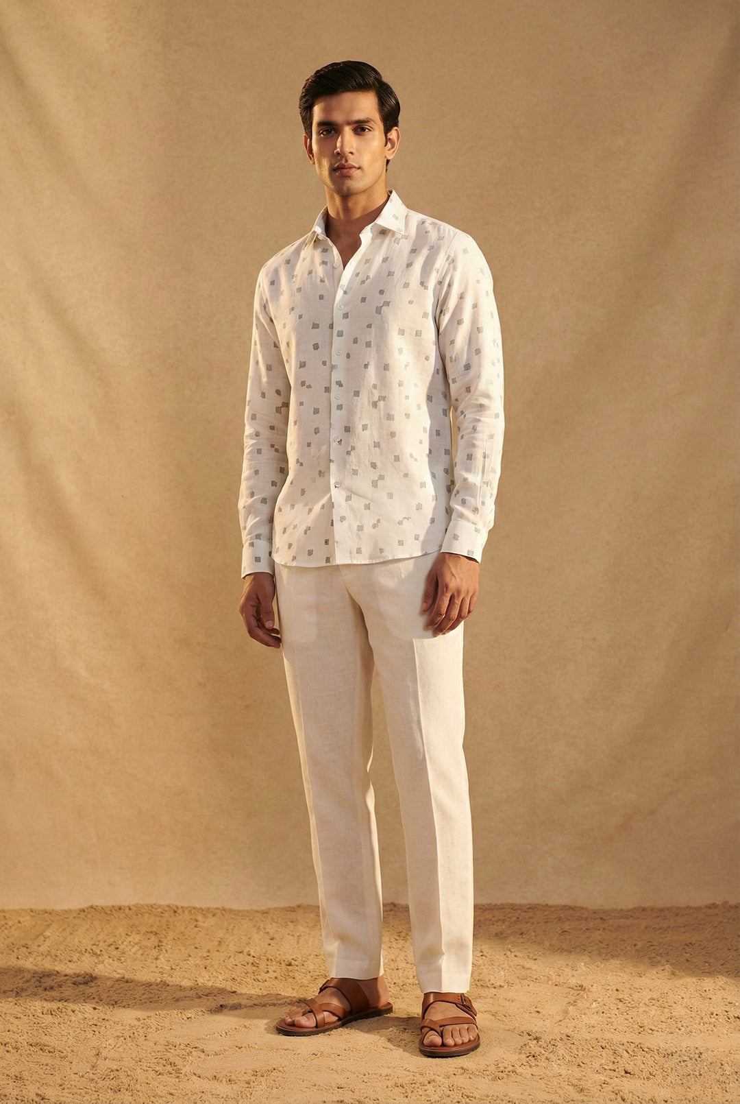 Ivory Printed Linen Shirt for Men