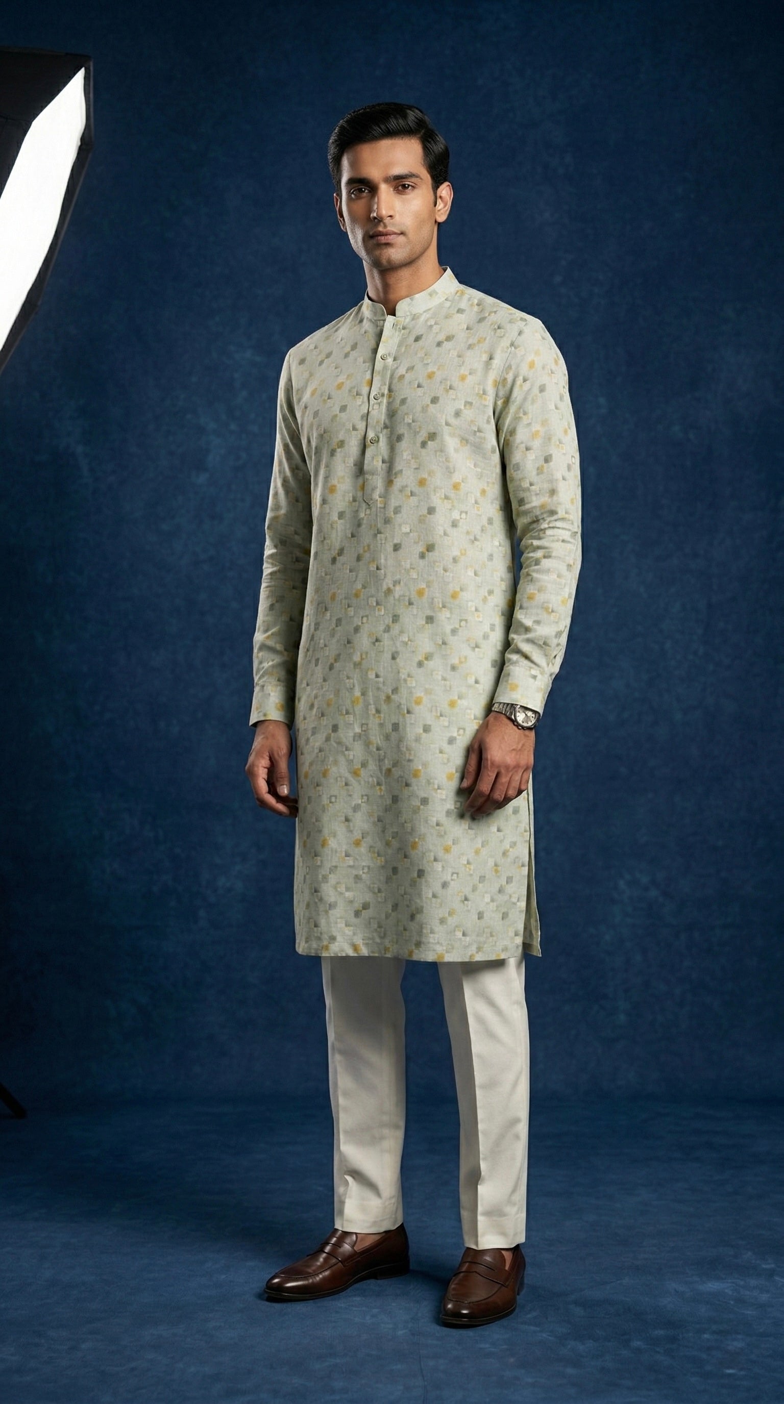 Sage Green Textured Printed 100% Linen Kurta with Trousers