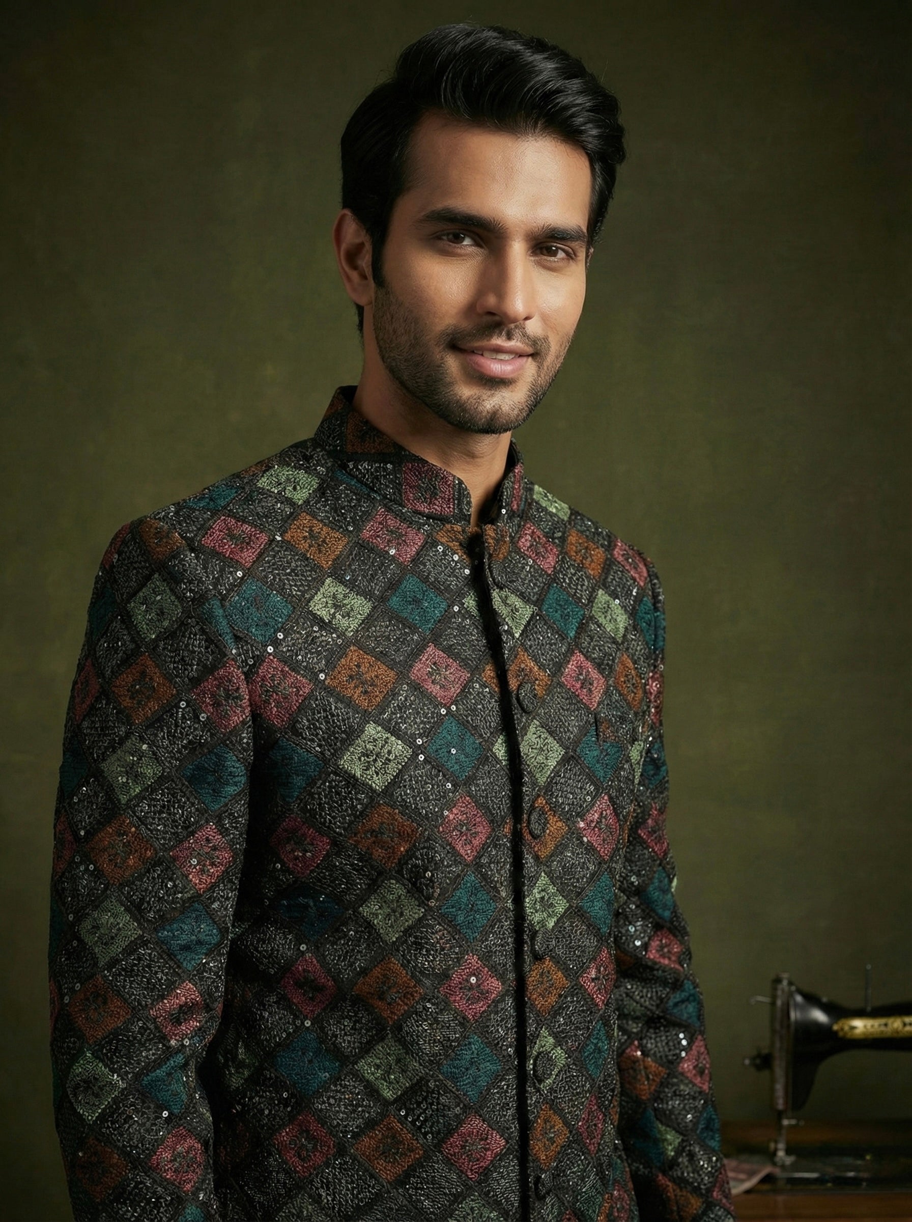 Midnight Multicolour Geometric Embroidered Sherwani Set for Men