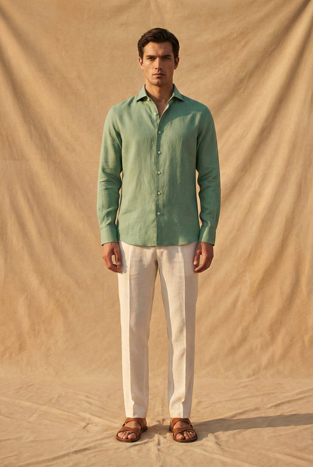 Abees Green linen solid shirt - front view