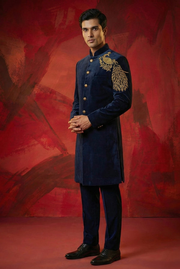 Abees Velvet embroidered sherwani set - front view