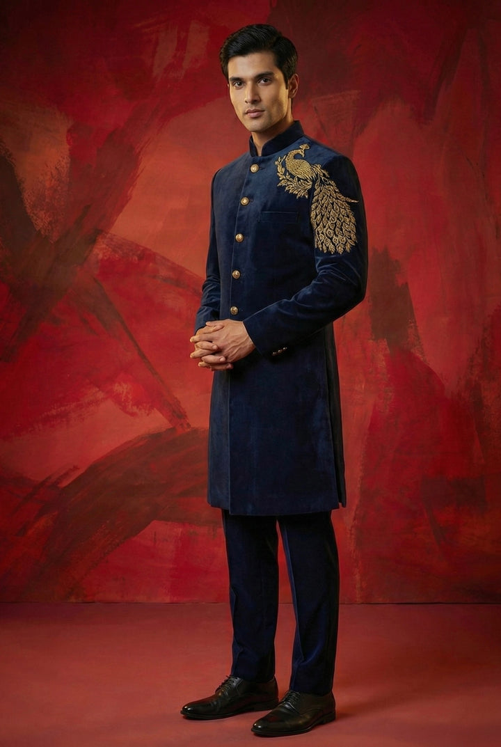 Abees Velvet embroidered sherwani set - front view