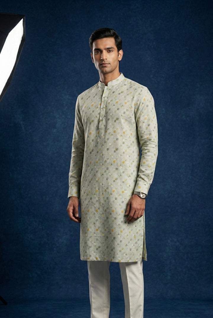 Abees Green linen printed kurta set with trousers - front view