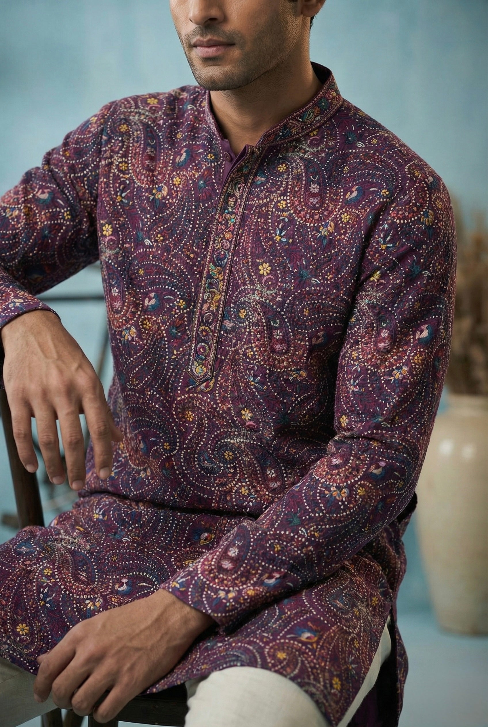 Plum Paisley Printed Kurta for Men