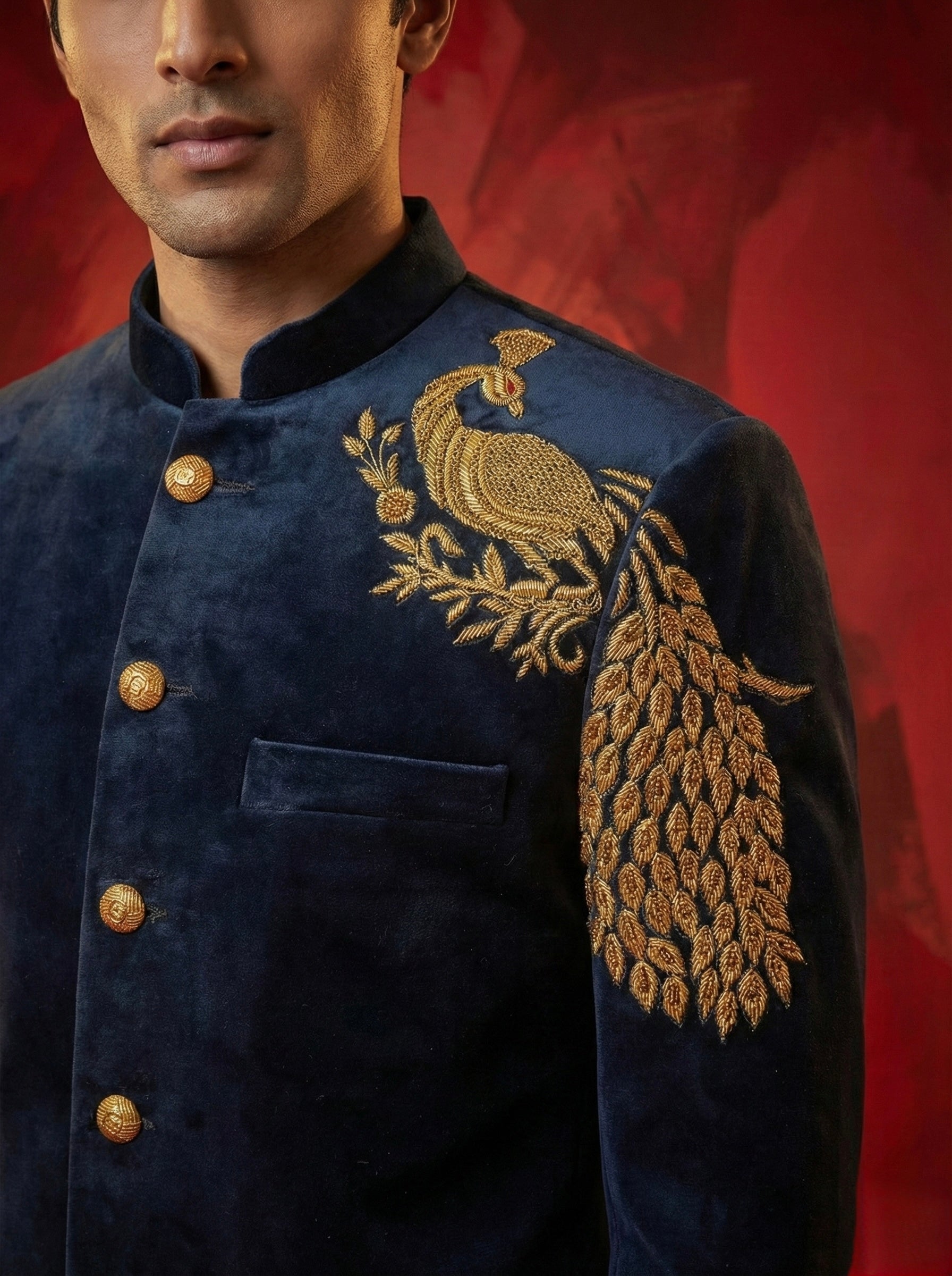 Royal Plume Embroidered Velvet Sherwani Set