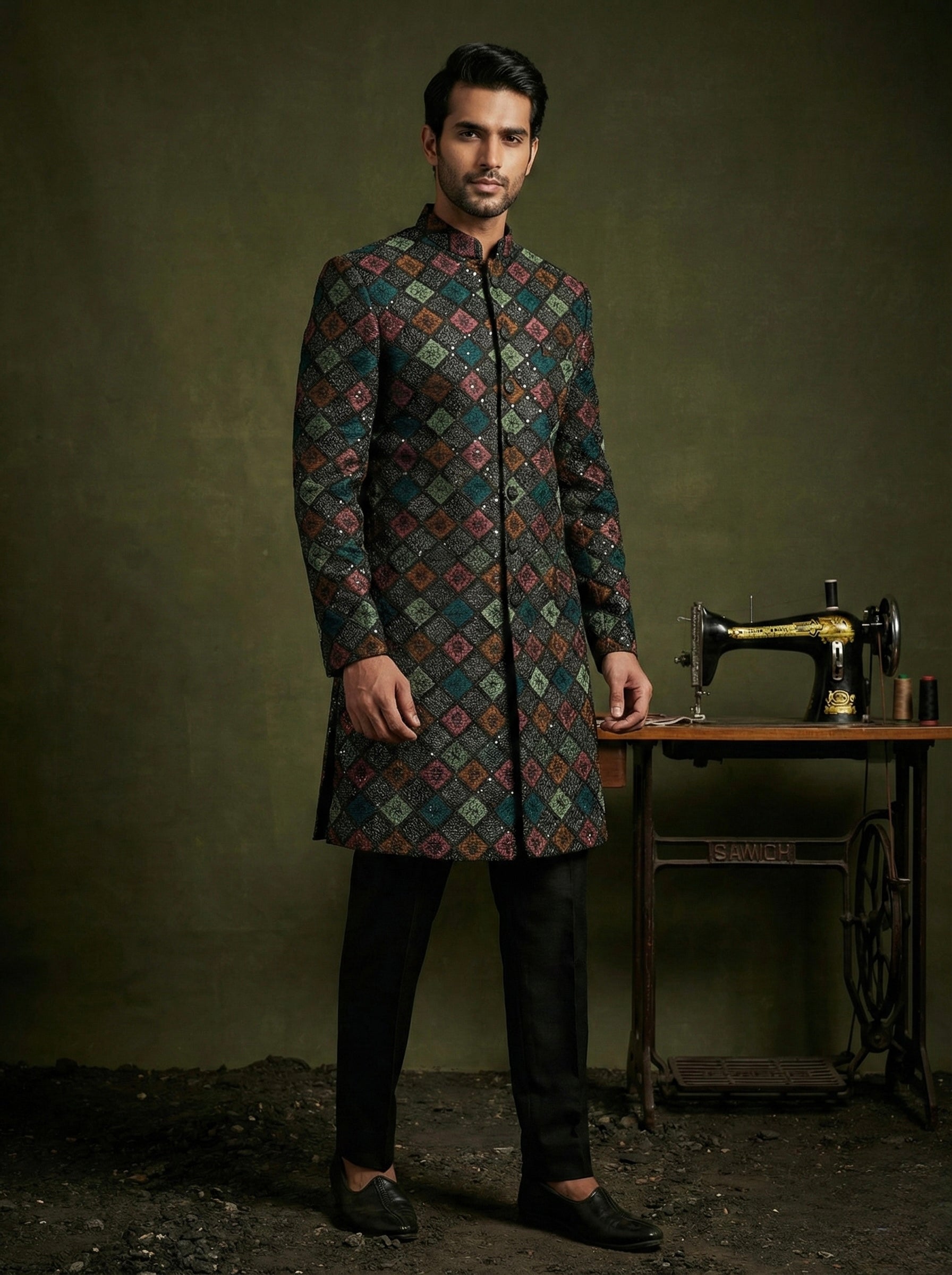 Midnight Multicolour Geometric Embroidered Sherwani Set for Men