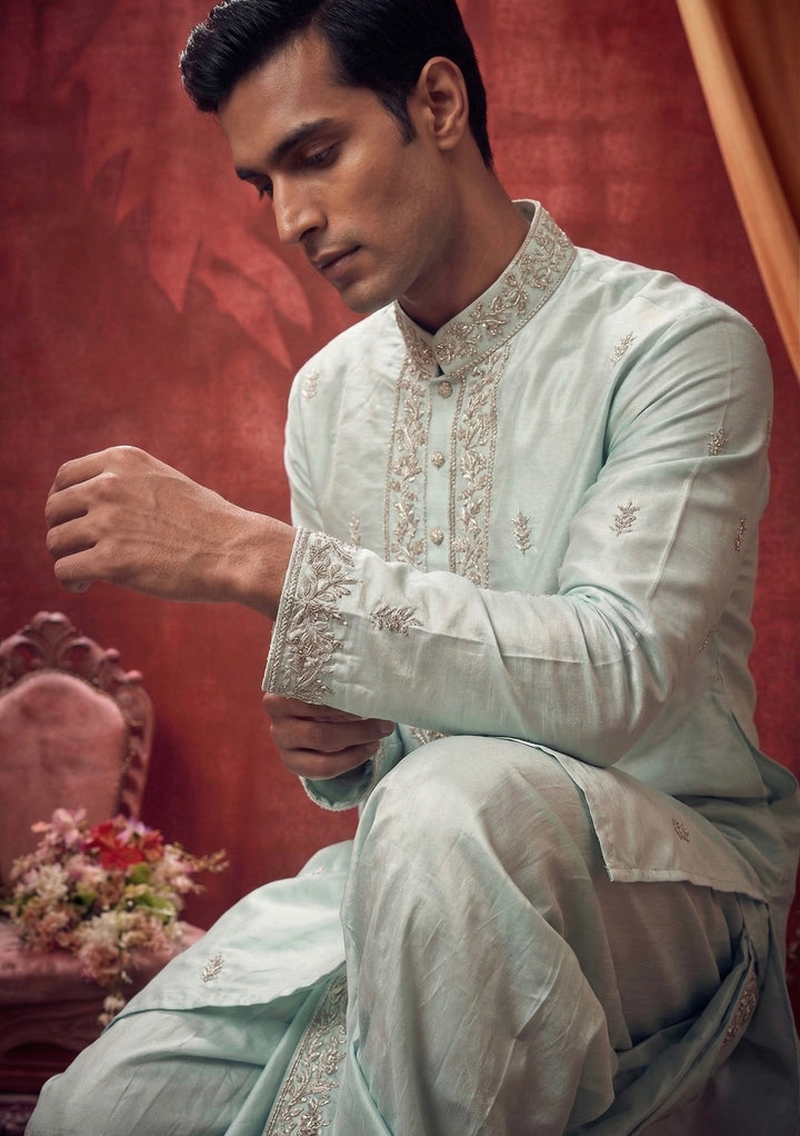 Abees Green hand embroidered kurta set with dhoti - back view