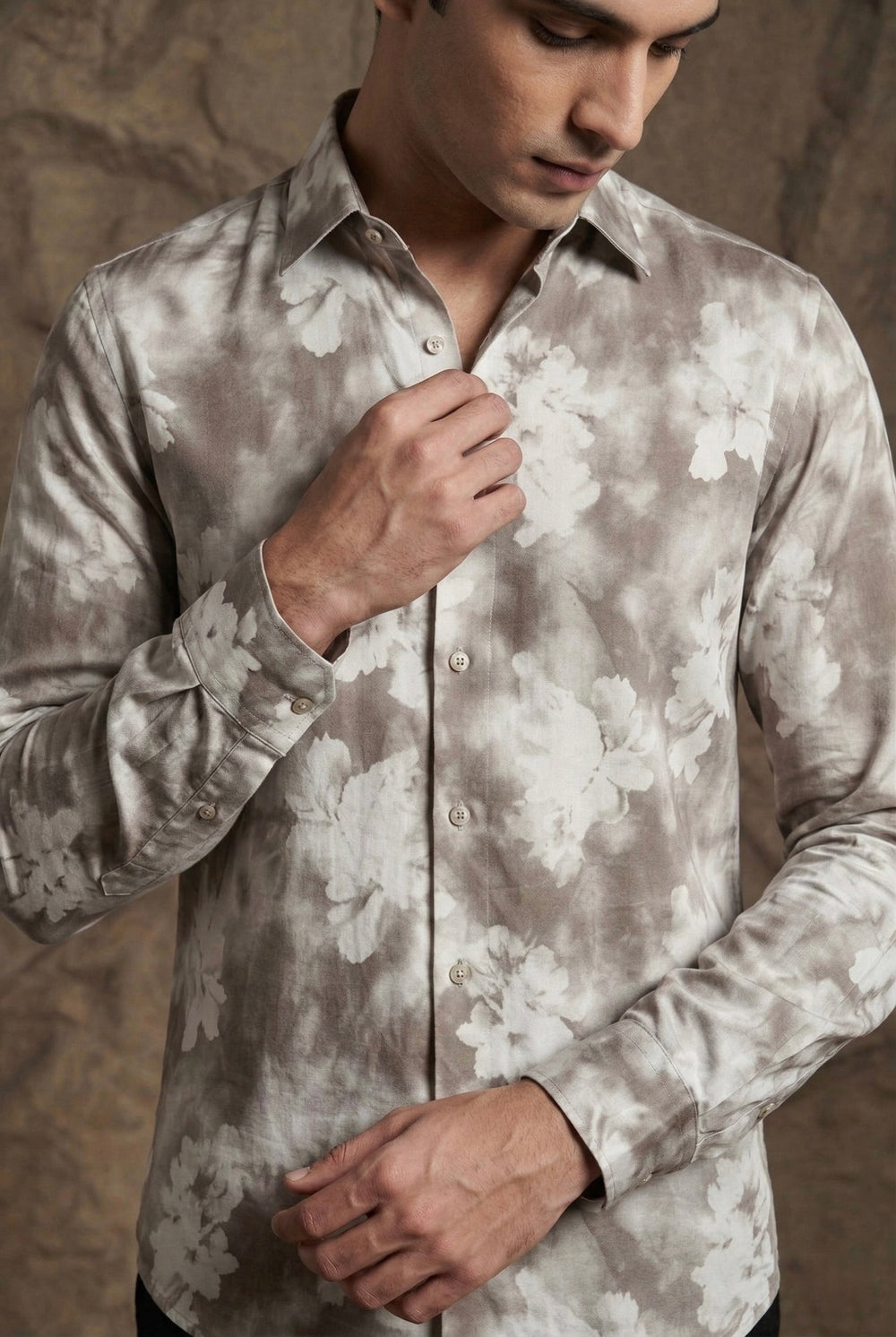 Taupe Floral Print Luxury Satin Shirt