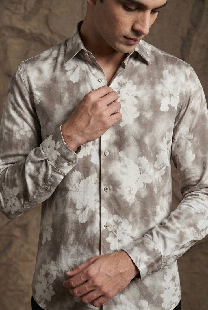 Taupe Floral Print Luxury Satin Shirt