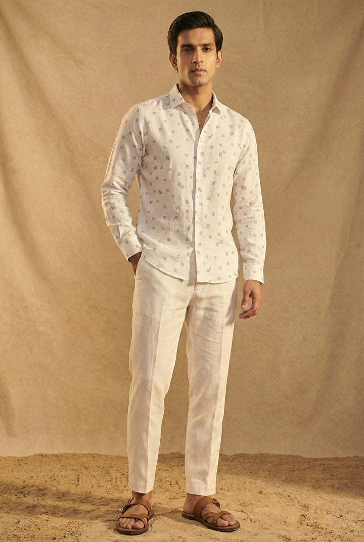 Ivory Printed Linen Shirt for Men
