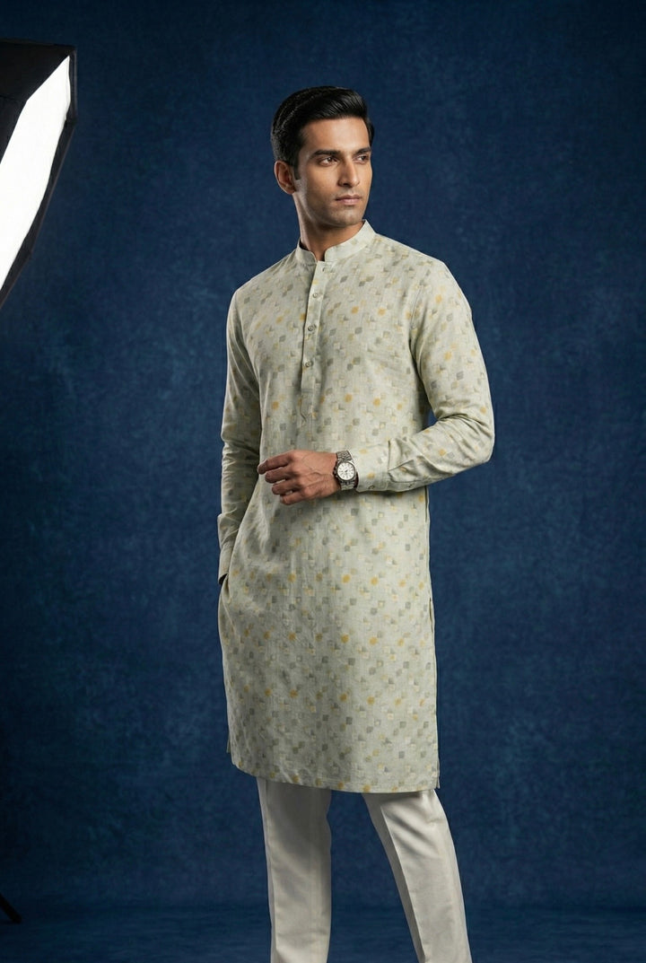 Abees Green linen printed kurta set with trousers - back view