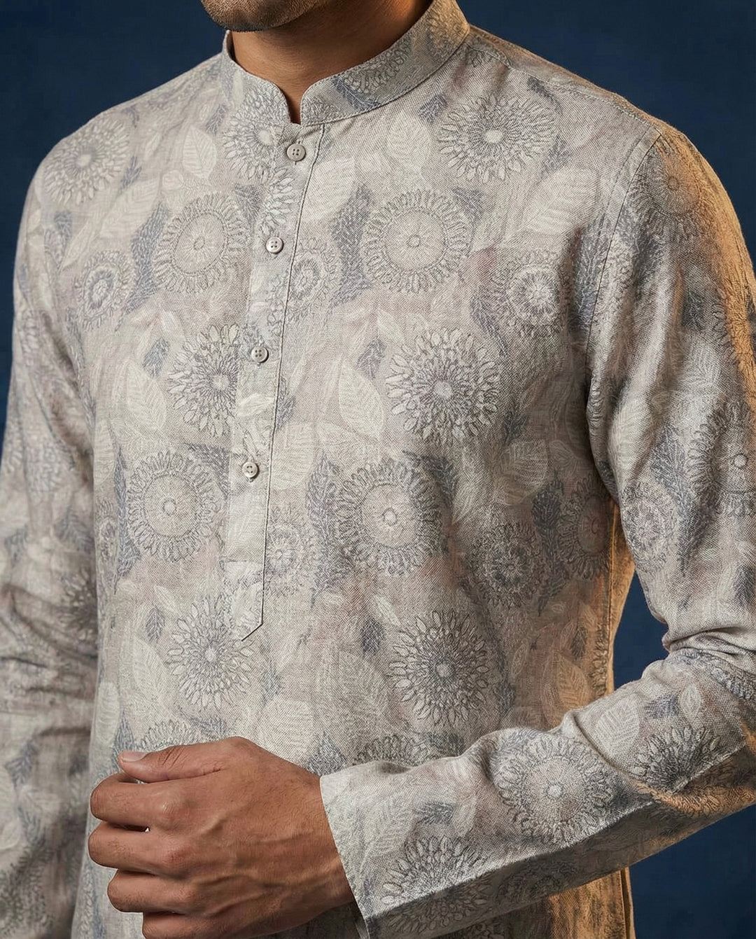 Abees Beige linen printed kurta for men - back view