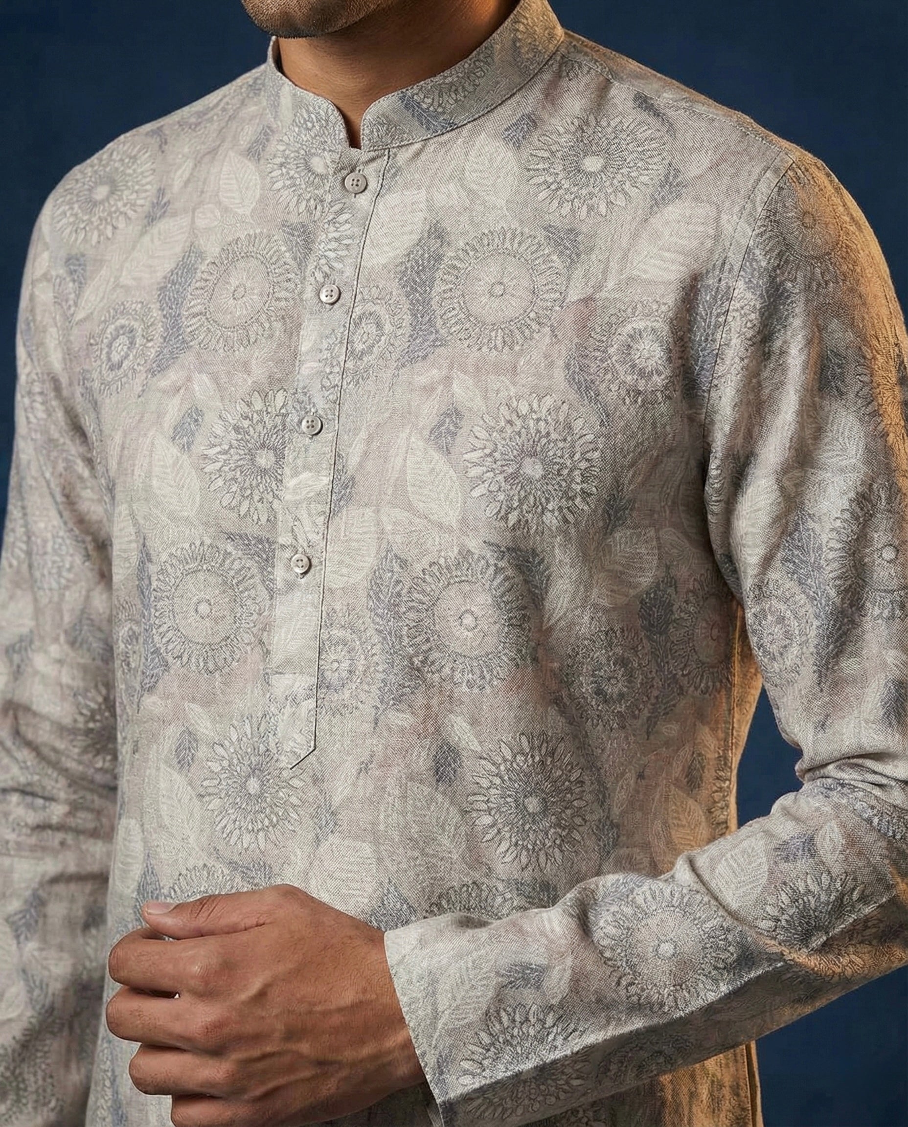 Ivory Geometric Printed 100% Linen Kurta for Men