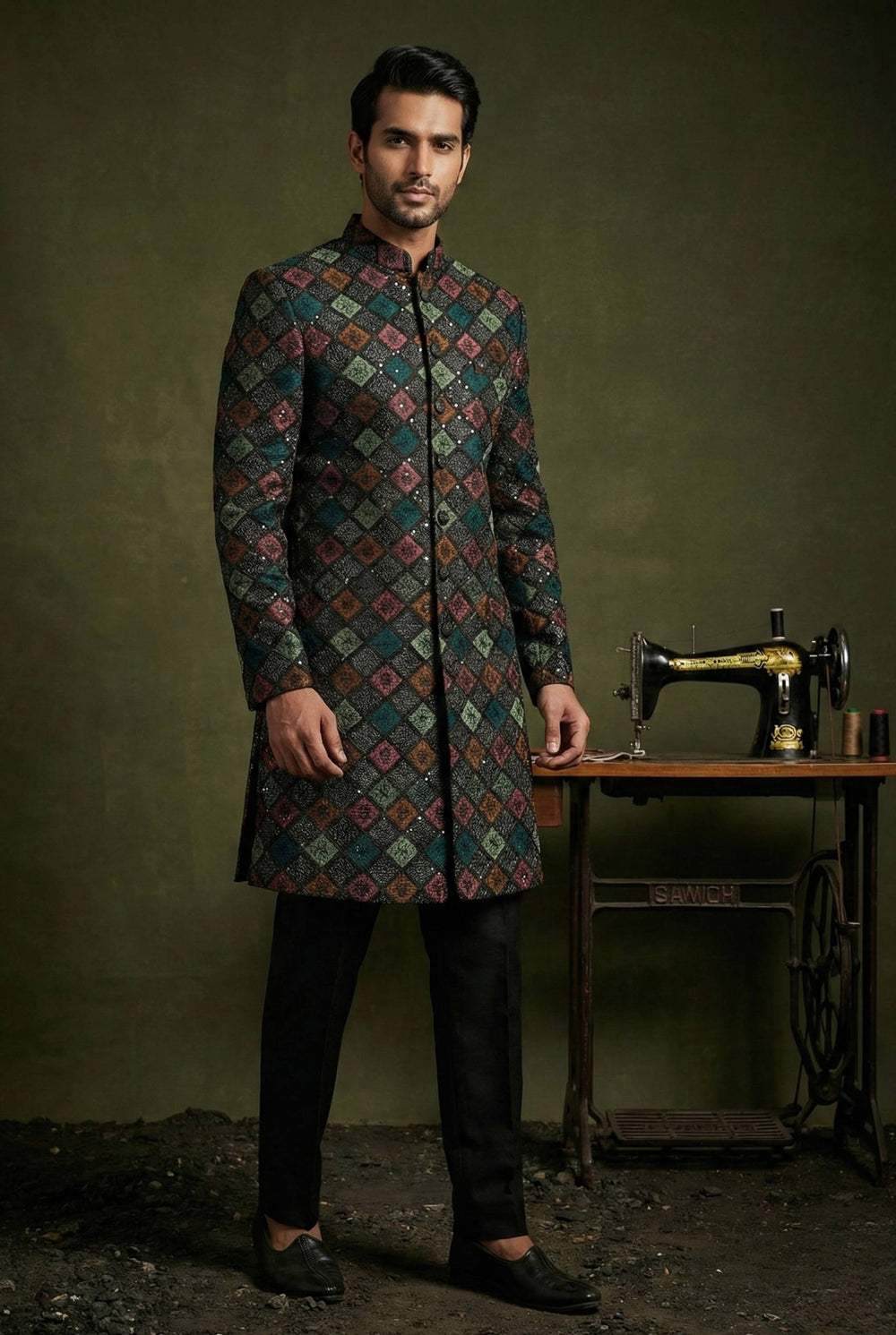 Abees Multi geometric embroidered sherwani set - front view