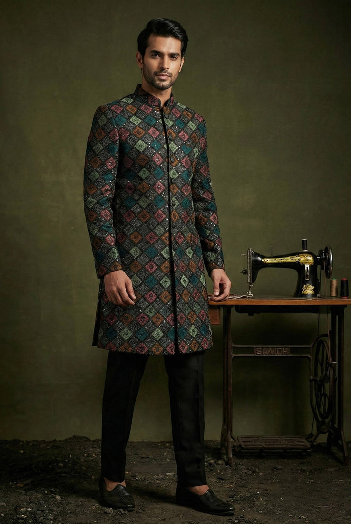 Midnight Multicolour Geometric Embroidered Sherwani Set for Men