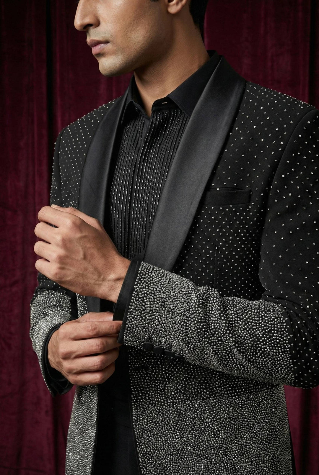 Abees Black sequin embellished gradient tuxedo set - back view