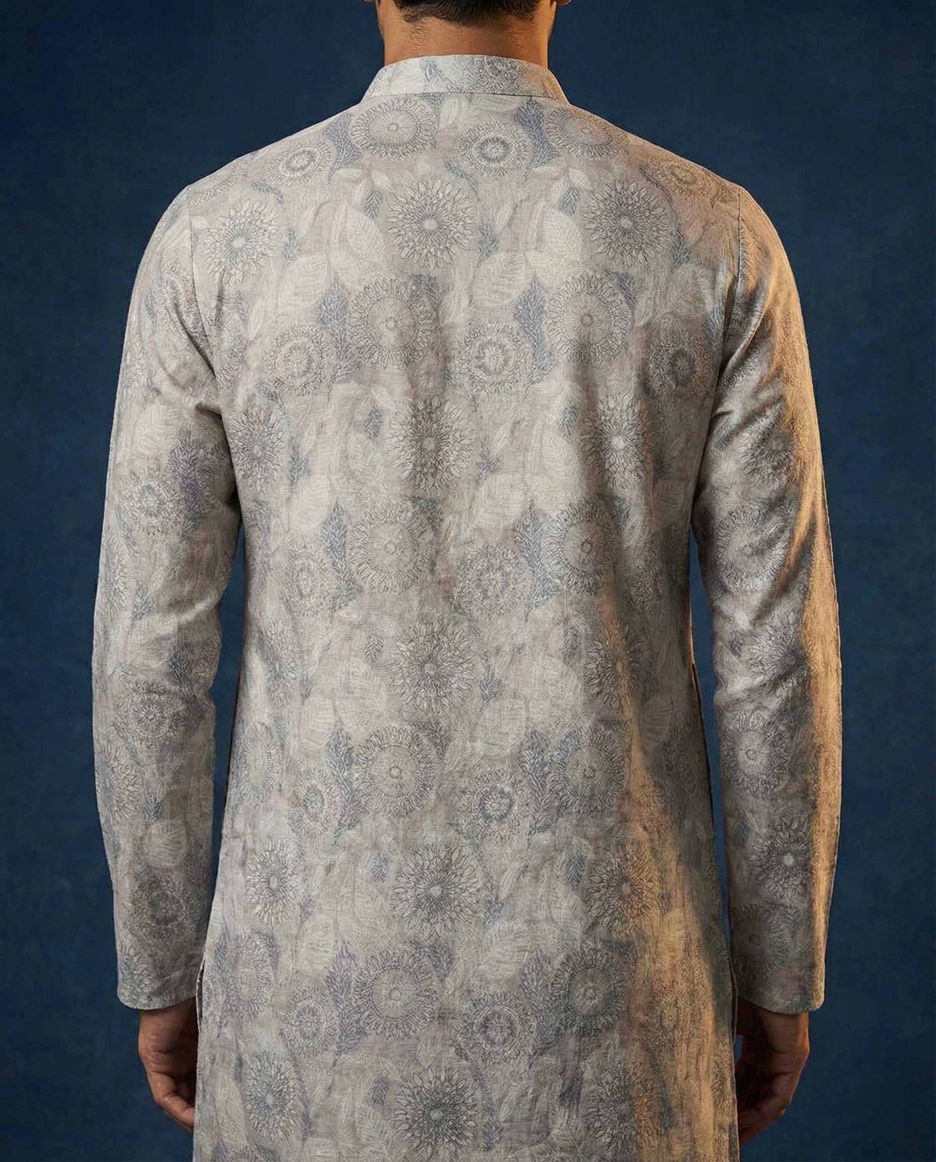 Ivory Geometric Printed 100% Linen Kurta for Men