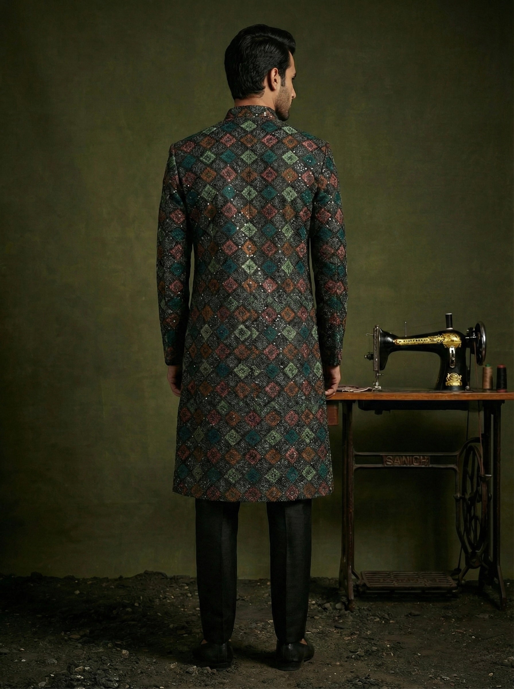 Midnight Multicolour Geometric Embroidered Sherwani Set for Men
