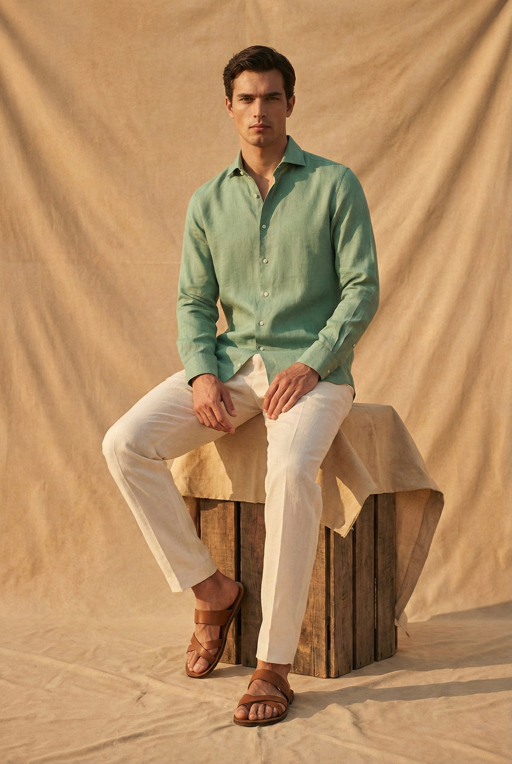 Abees Green linen solid shirt - side view