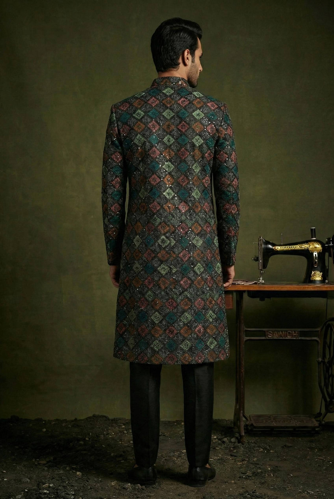 Midnight Multicolour Geometric Embroidered Sherwani Set for Men