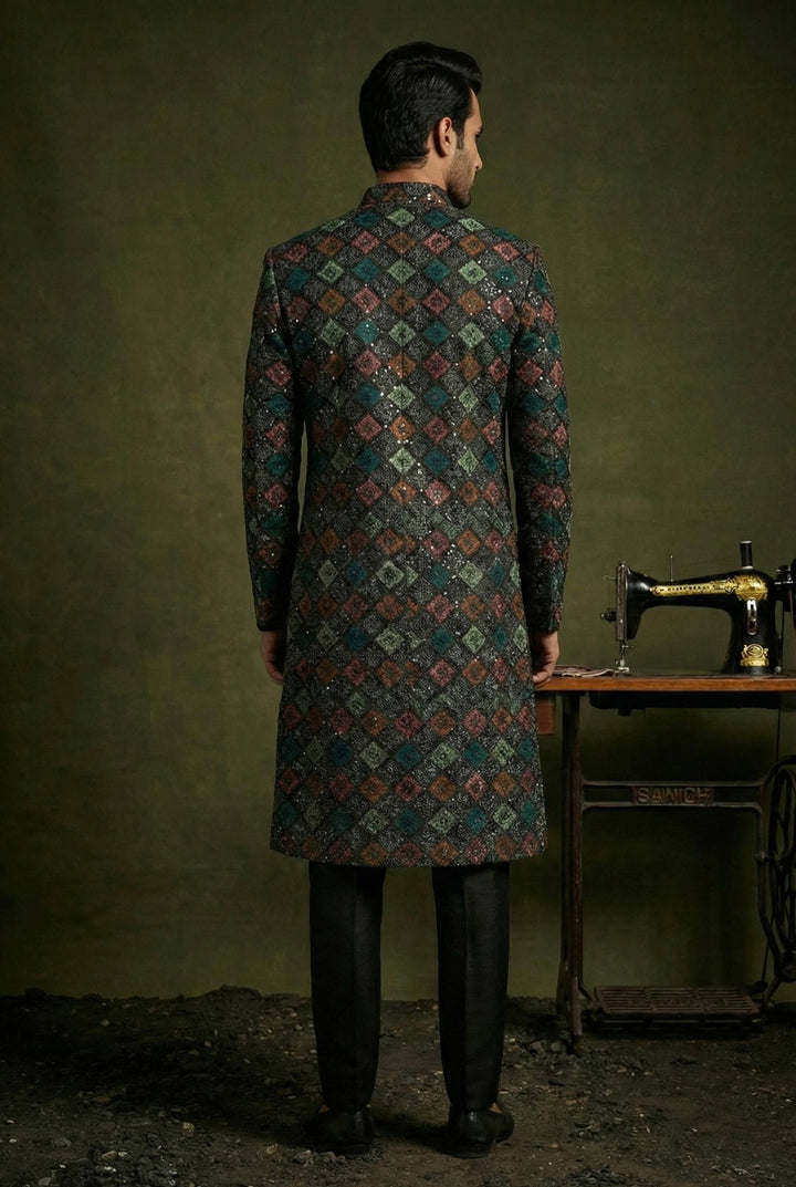 Midnight Multicolour Geometric Embroidered Sherwani Set for Men