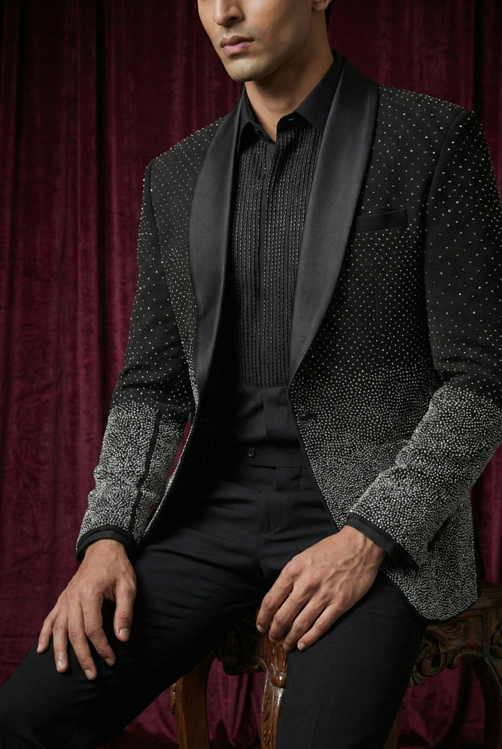 Abees Black sequin embellished gradient tuxedo set - side view