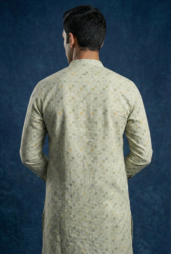 Abees Green linen printed kurta set with trousers - detail view 1