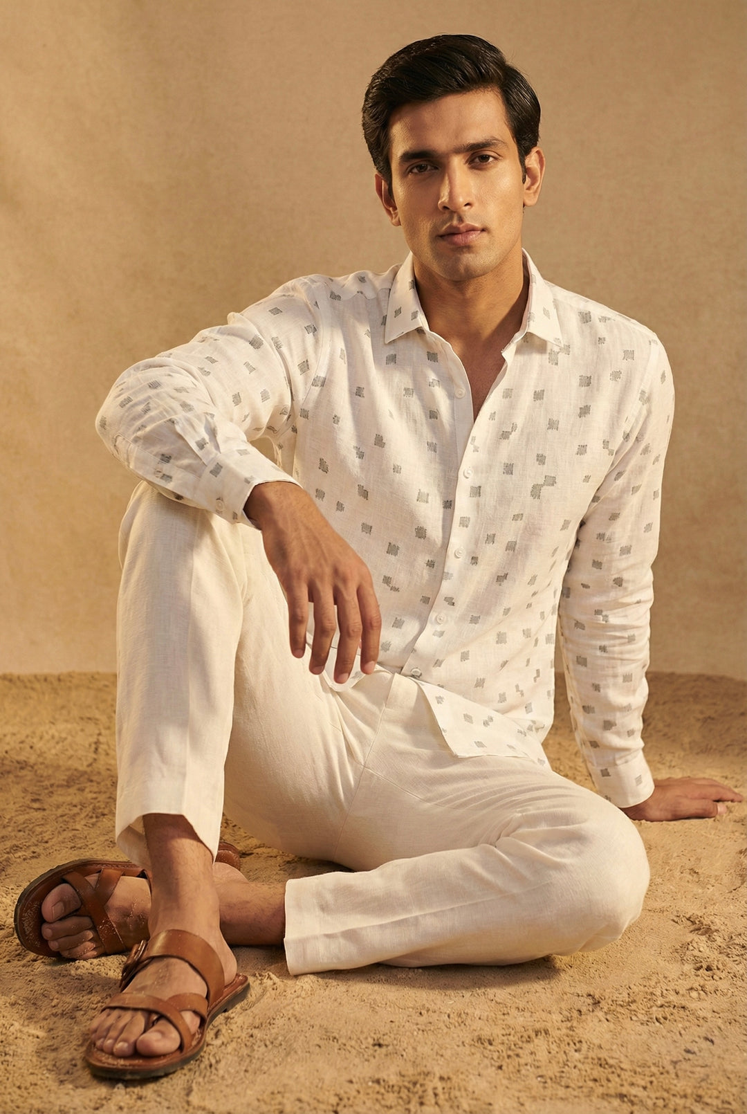 Ivory Printed Linen Shirt for Men