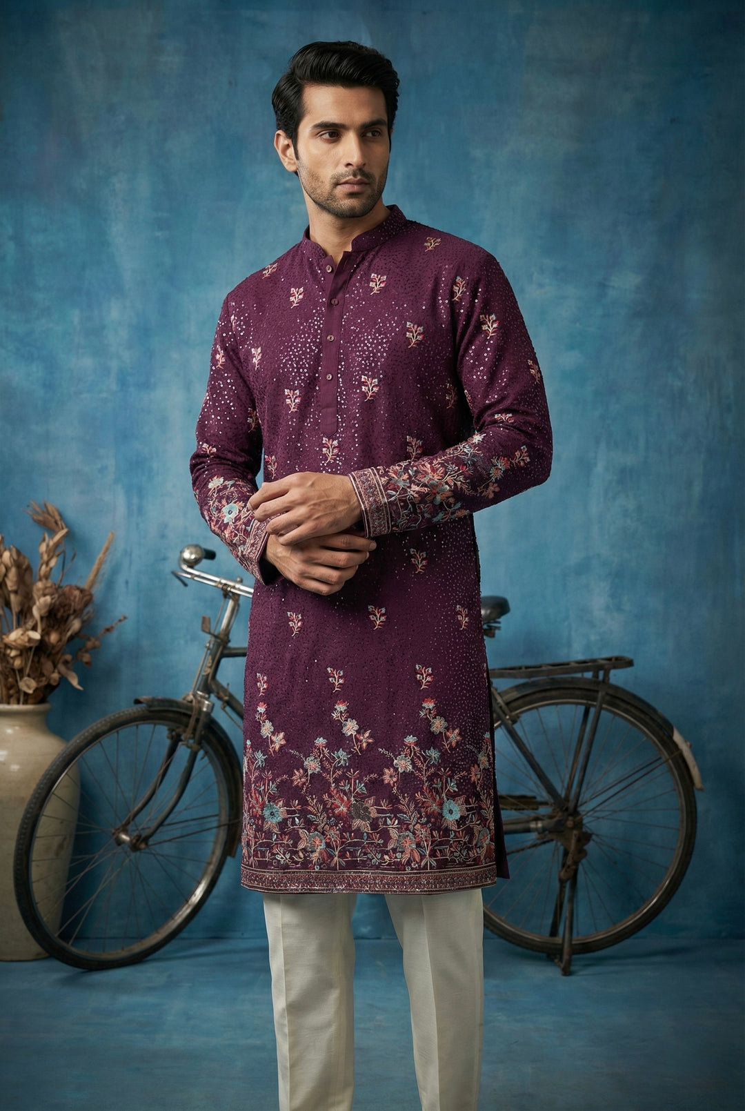 Abees Maroon floral embroidered kurta set - front view