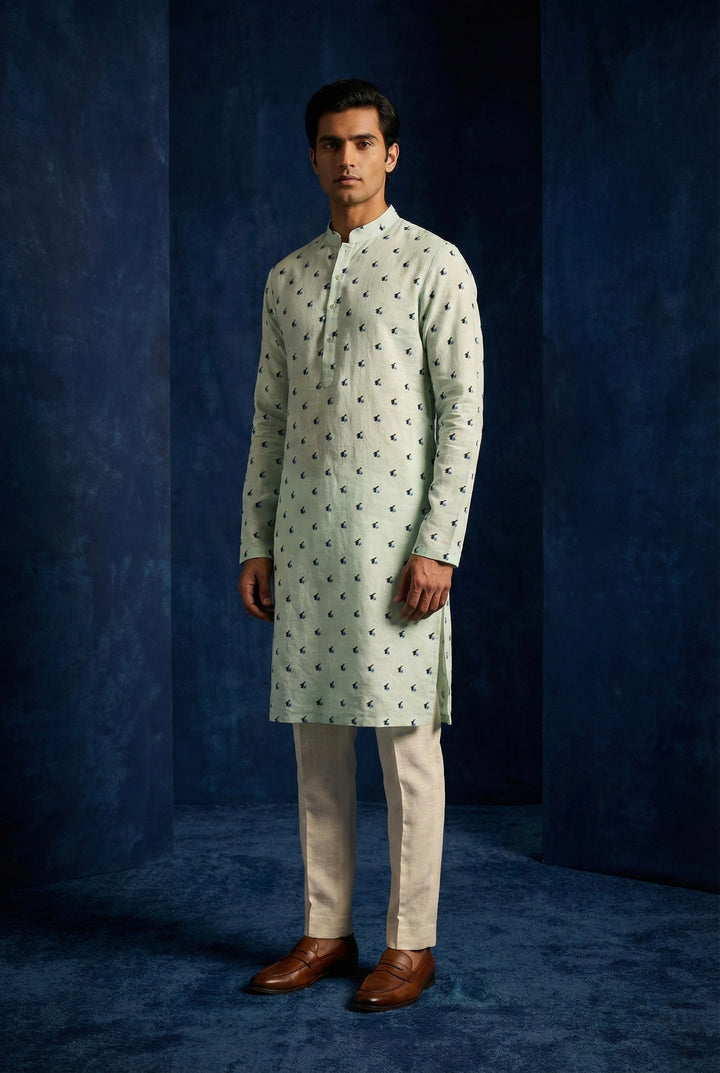 Abees Green linen printed kurta for men - front view