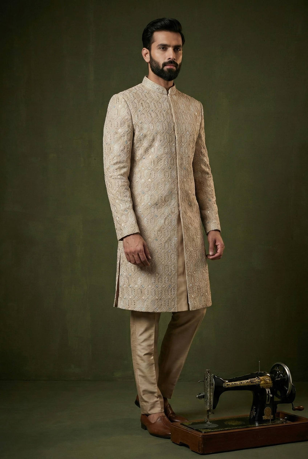 Abees Ivory gold geometric embroidered sherwani set - front view