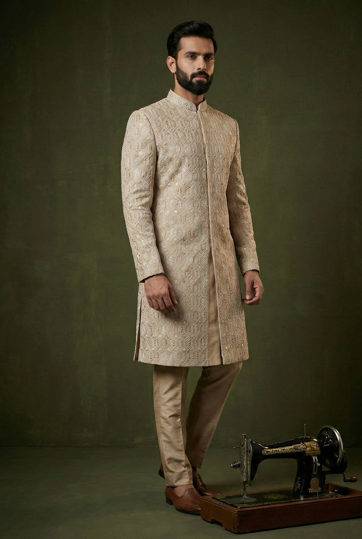Abees Ivory gold geometric embroidered sherwani set - front view