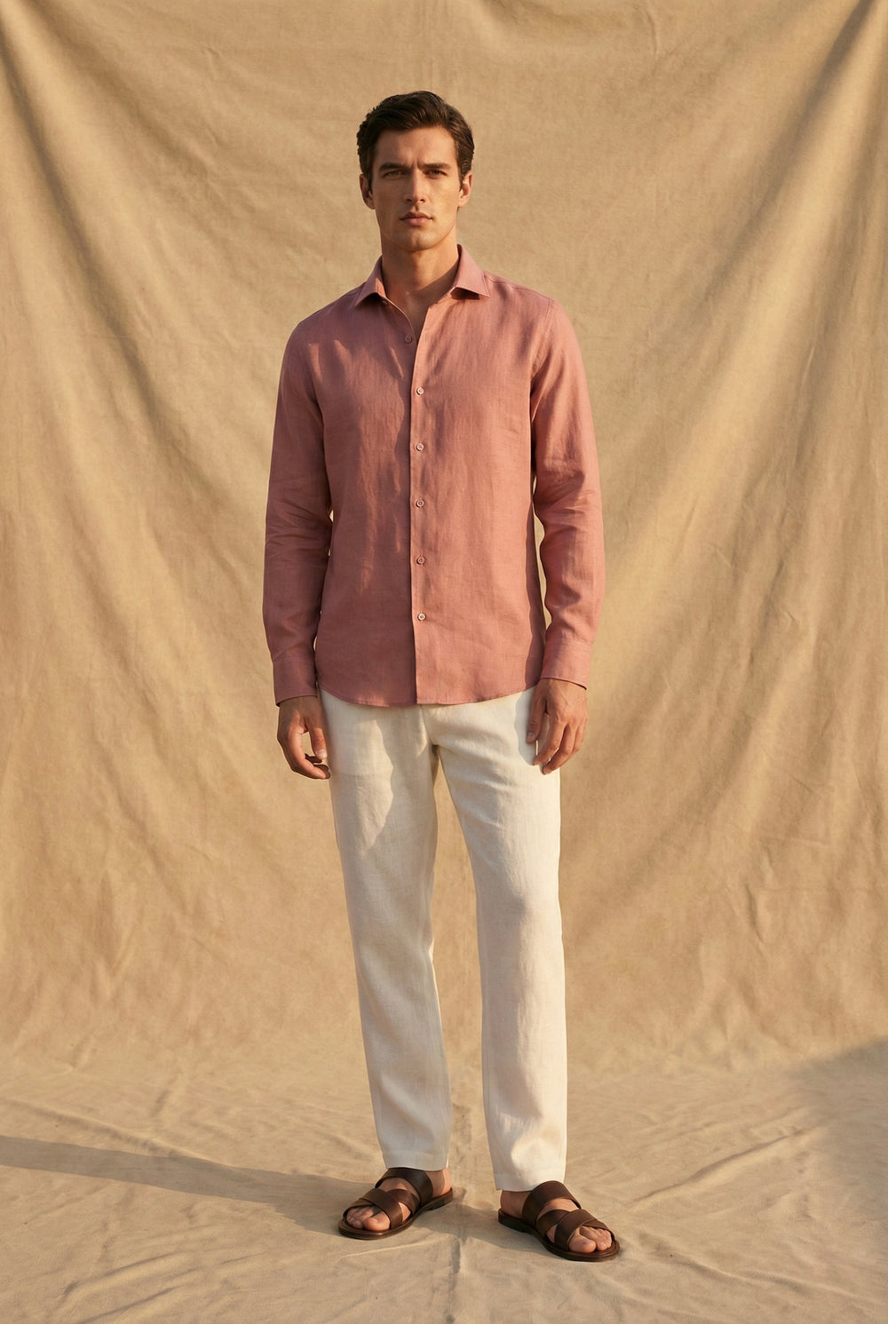 Abees Pink linen solid shirt - front view
