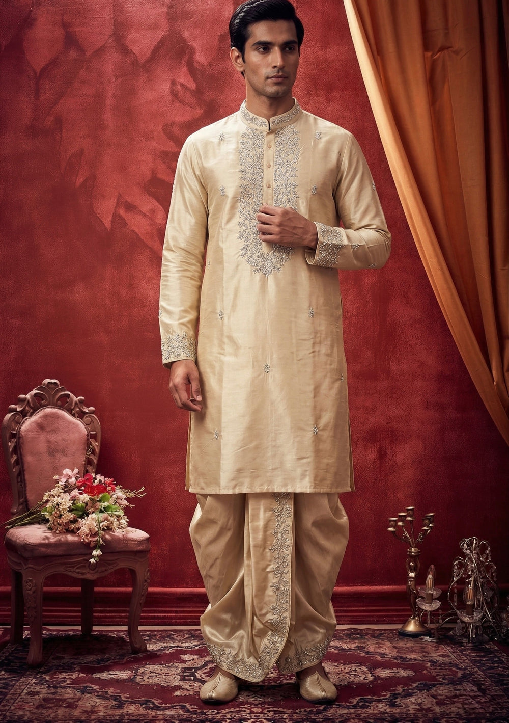 Abees Beige gold embroidered kurta set with dhoti - front view