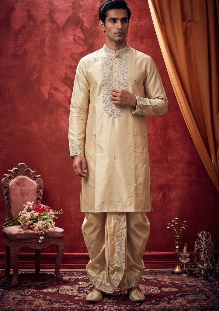 Abees Beige gold embroidered kurta set with dhoti - front view
