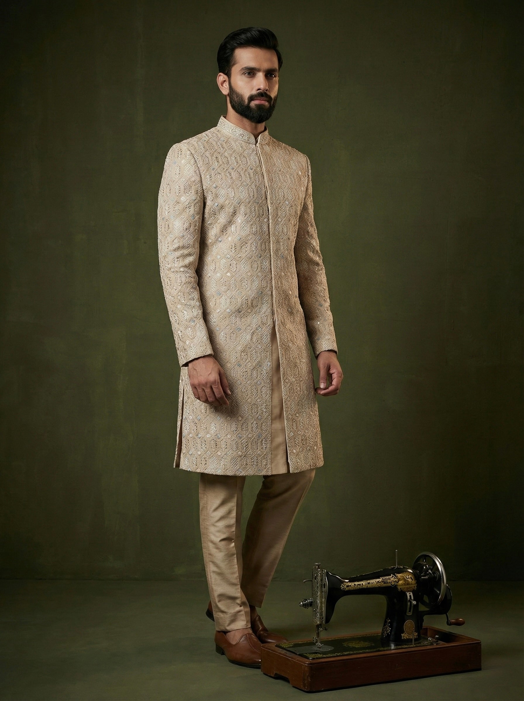 Ivory Gold Geometric Embroidered Sherwani Set for Men