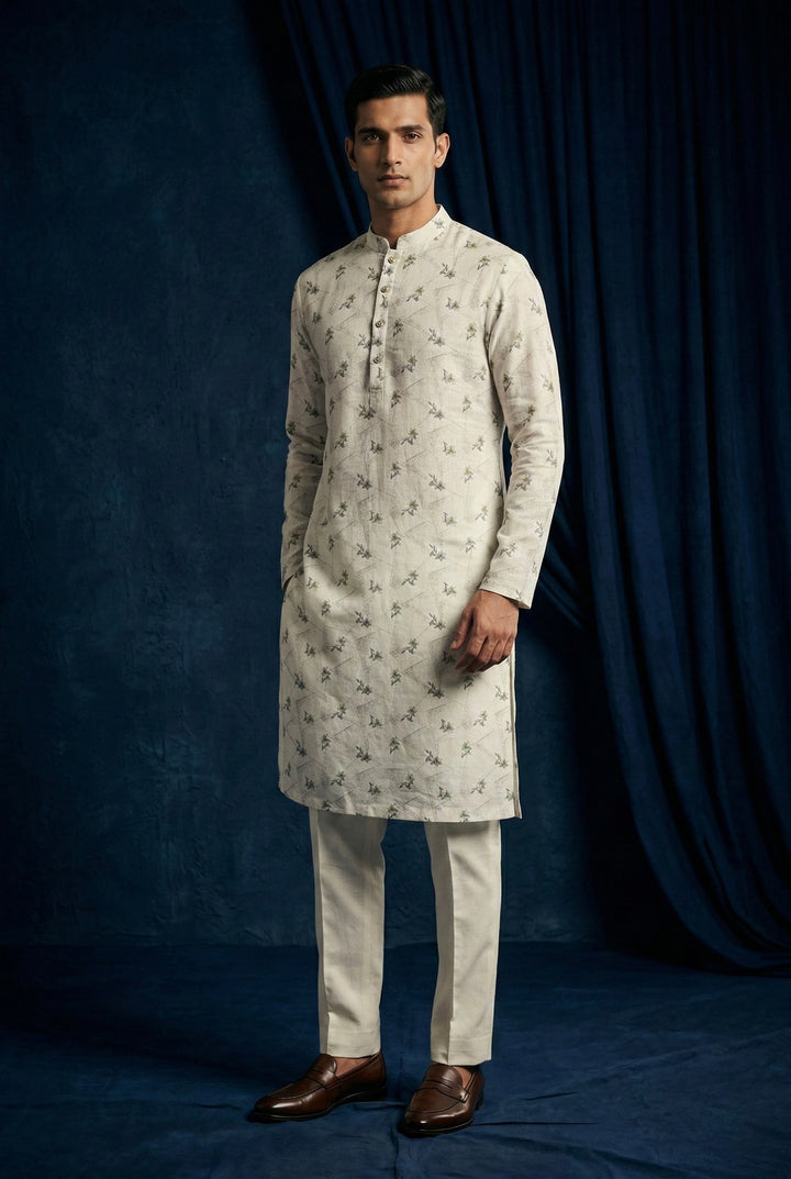 Abees Beige linen printed kurta set with trousers - front view