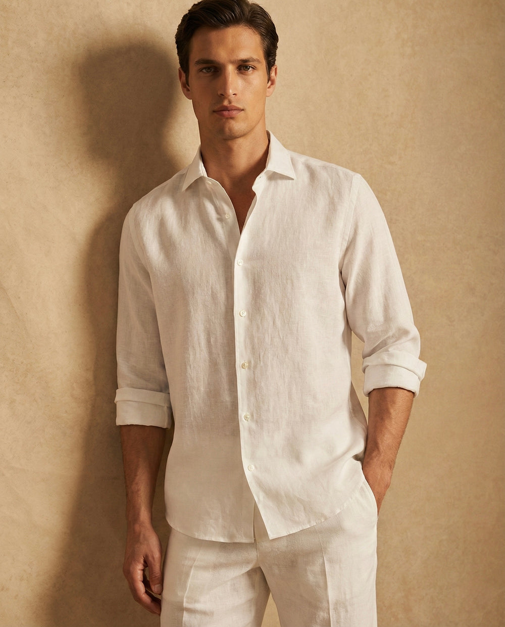 Abees White linen solid classic shirt - back view